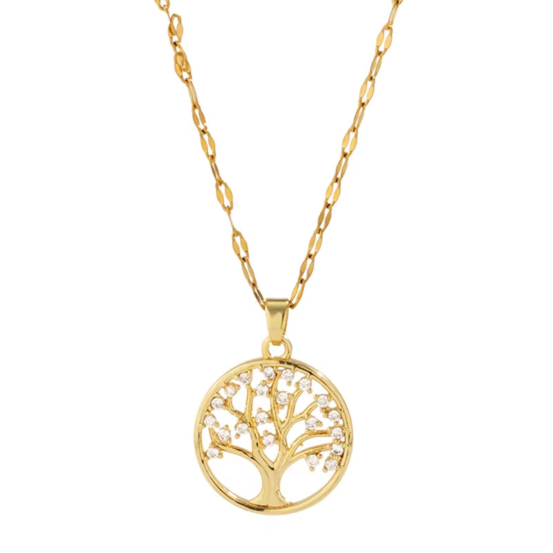 Temperamental Luxury Rhinestone Tree of Life Pendant Necklace Women Vintage Stainless Steel Waterproof Chain Aesthetic Jewelry