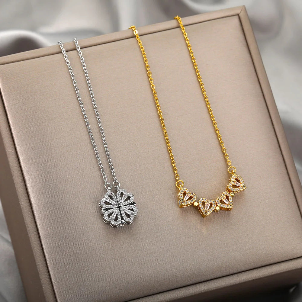 Luxury 6 Rose Box Four Leaf Clover Pendant Necklace for Women Crystal Heart Magnetic Necklaces Mother'S Day Gift