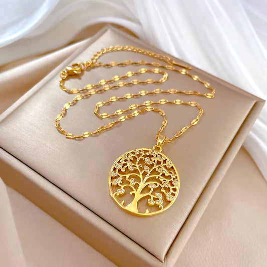 Temperamental Luxury Rhinestone Tree of Life Pendant Necklace Women Vintage Stainless Steel Waterproof Chain Aesthetic Jewelry