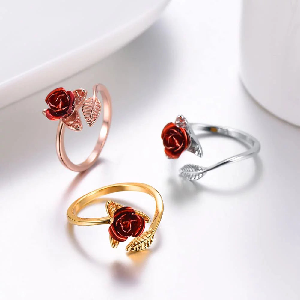 Rose Flower Ring Adjustable Dainty Flower Open Rings Jewelry Wedding Valentine Gifts for Women Girl(Gold)