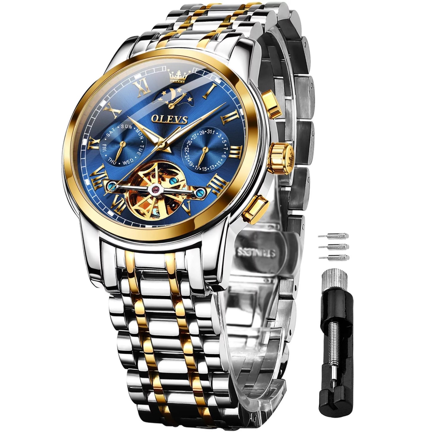 Automatic Watches for Men Skeleton Mechanical Self Winding Luxury Business Dress Watch Moon Phase Day Date Waterproof Watch Reloj Para Hombre, Gifts for Men, Male Watch 6617