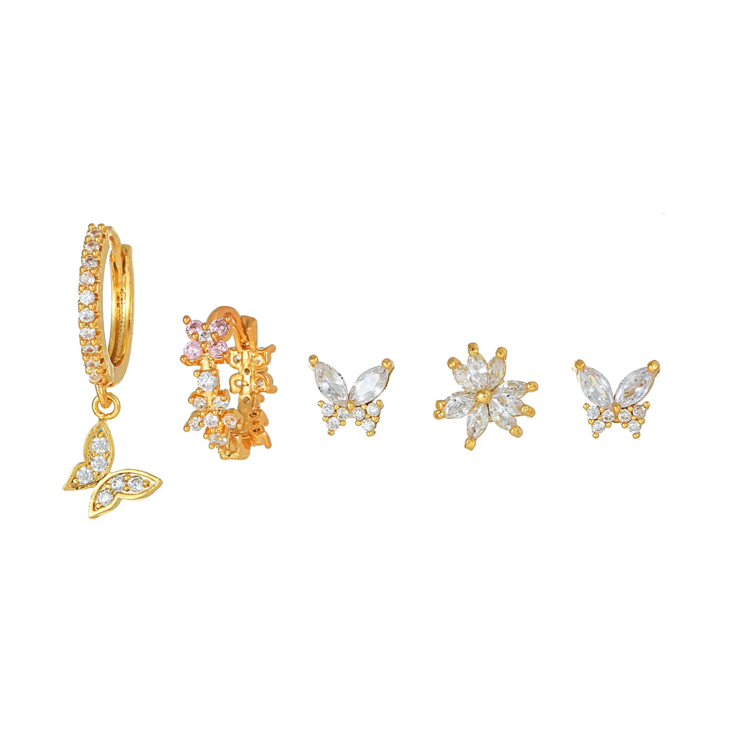 6 Pcs Cubic Zircon Butterfly Stud Earrings Set for Women Cute Animal Plant Jewlery Set Simple Luxury Piercing Earrings Gifts